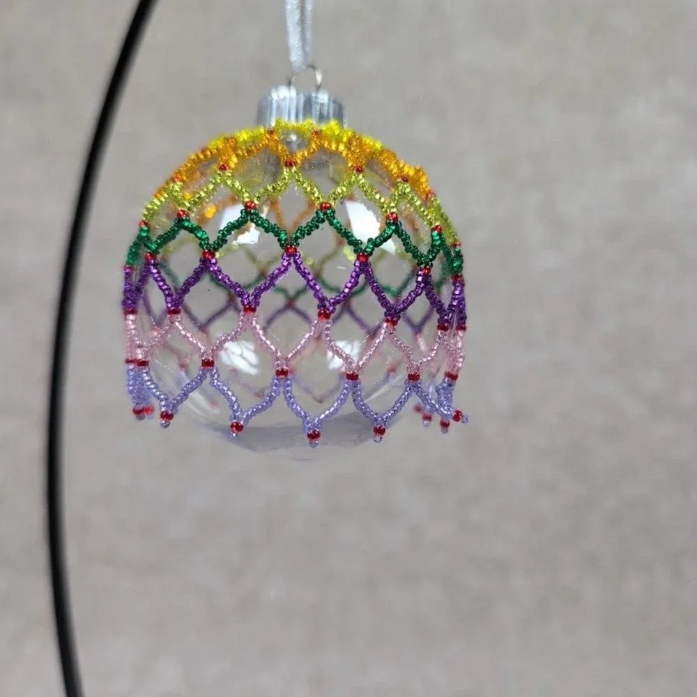 Handmade Beaded Sparkle Medley‎ Silver Ribbon Christmas Ornament Ball Holiday